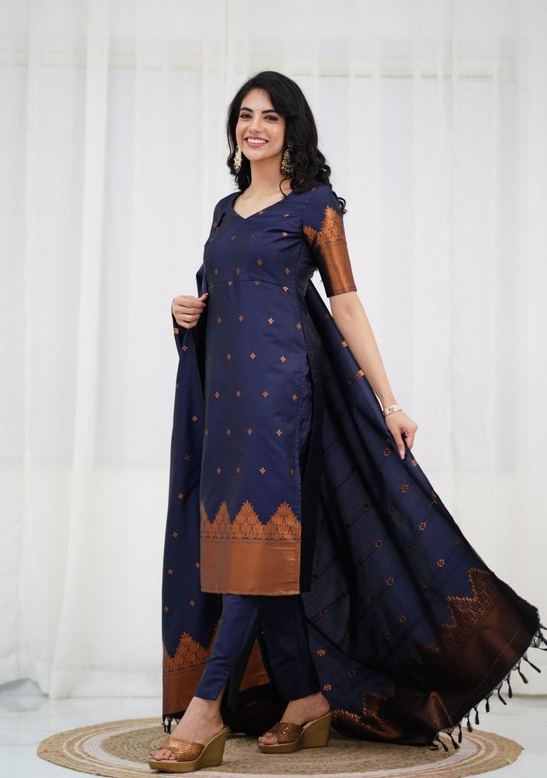 Blue Weaving Work Cotton Kurta Set - Indya