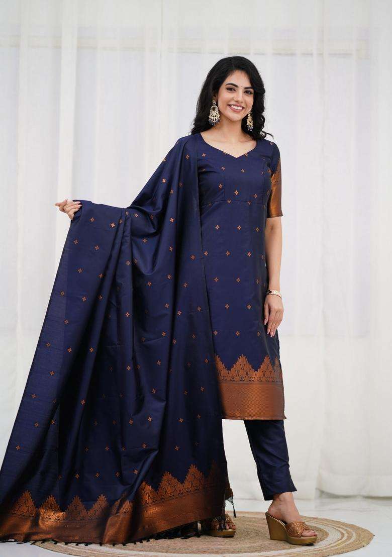 Blue Weaving Work Cotton Kurta Set - Indya