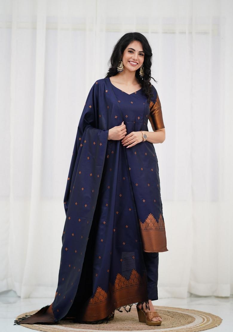 Blue Weaving Work Cotton Kurta Set - Indya
