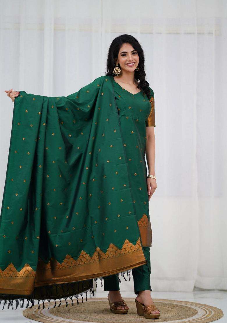 Green Weaving Work Cotton Kurta Set - Indya