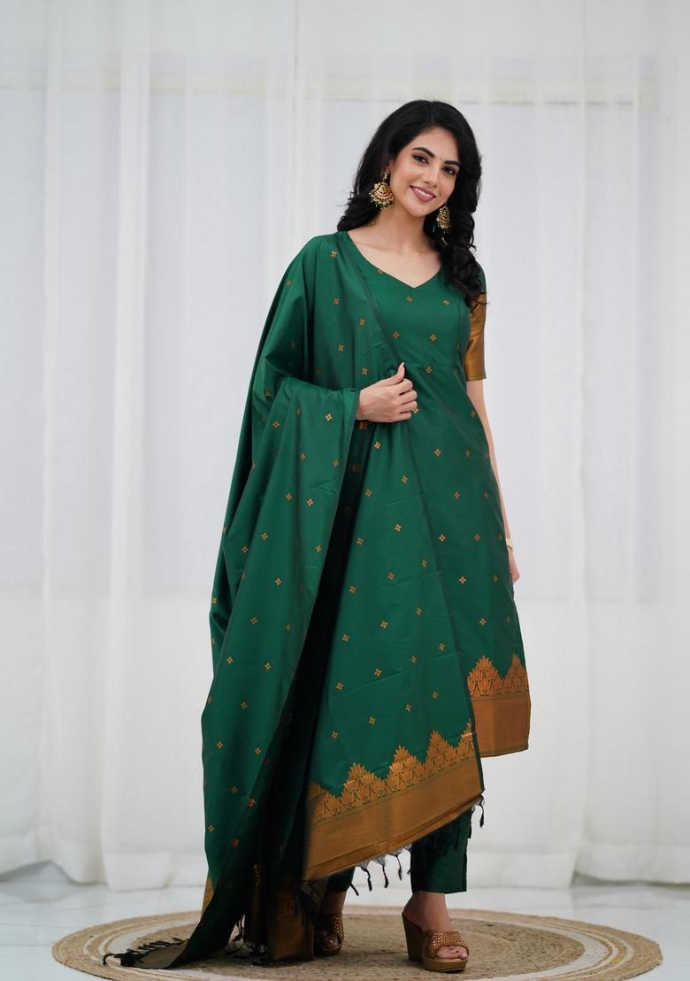 Green Weaving Work Cotton Kurta Set - Indya