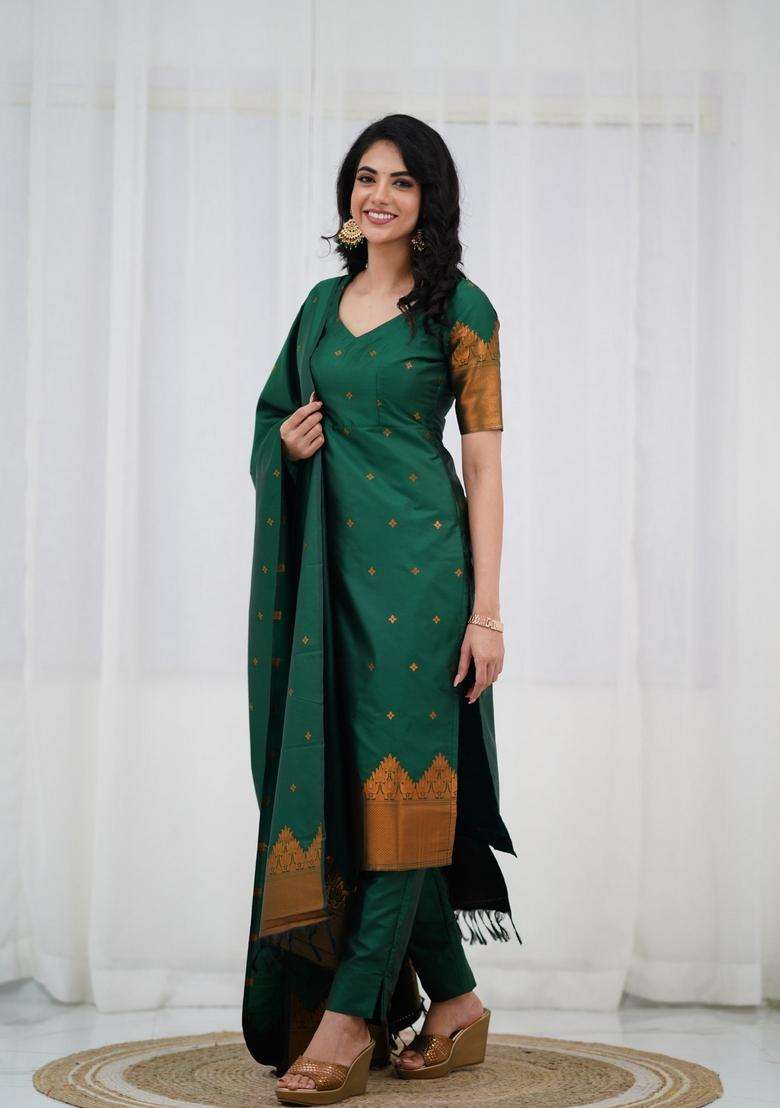 Green Weaving Work Cotton Kurta Set - Indya