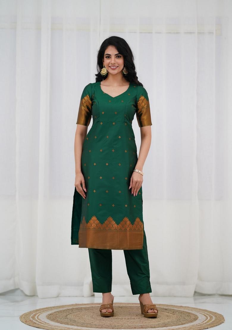 Green Weaving Work Cotton Kurta Set - Indya
