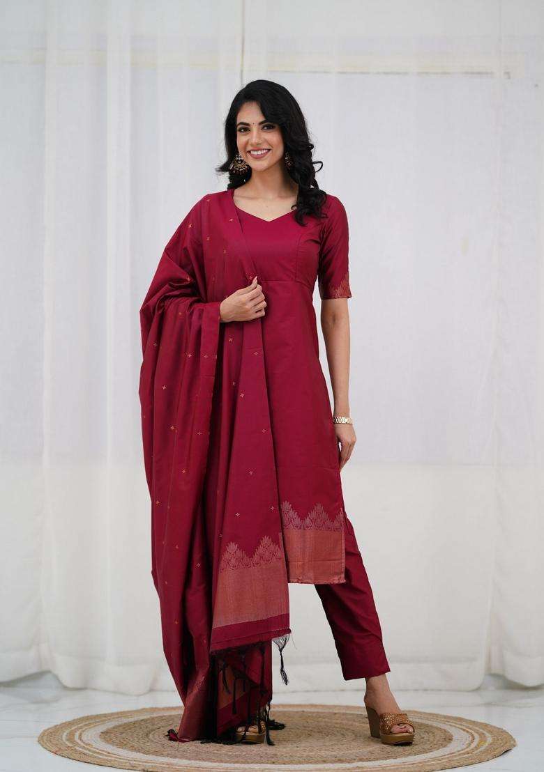 Maroon Weaving Work Cotton Kurta Set - Indya
