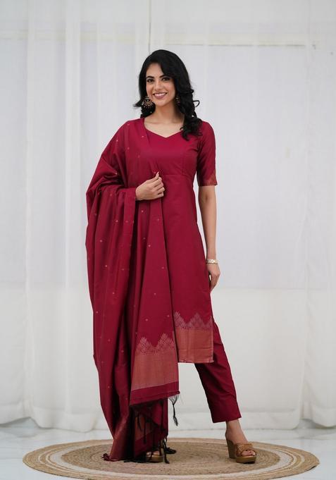 Maroon Weaving Work Cotton Kurta Set