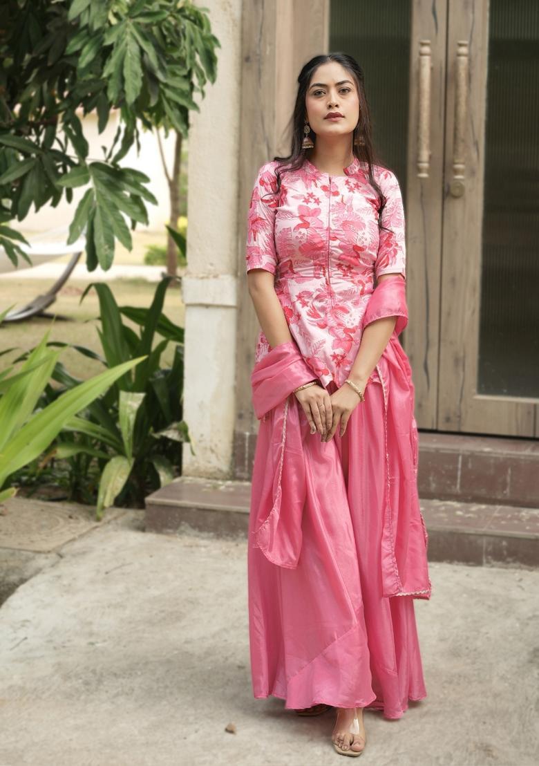 Pink Embroidery Chinon Kurta Set - Indya