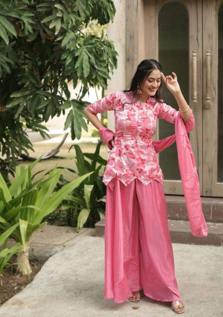 Pink Floral Print Chinon Sharara Set - Indya