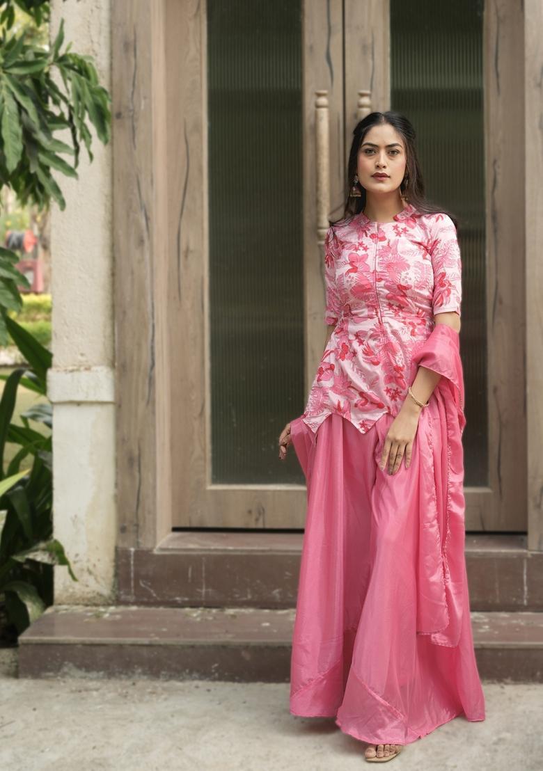 Pink Embroidery Chinon Kurta Set - Indya