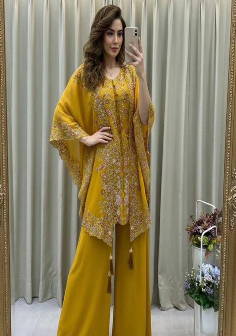 Yellow Embroidered Georgette Co-Ord Set - Indya