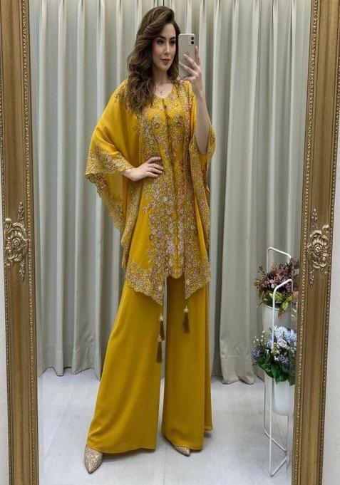 Yellow Embroidered Georgette Co-Ord Set