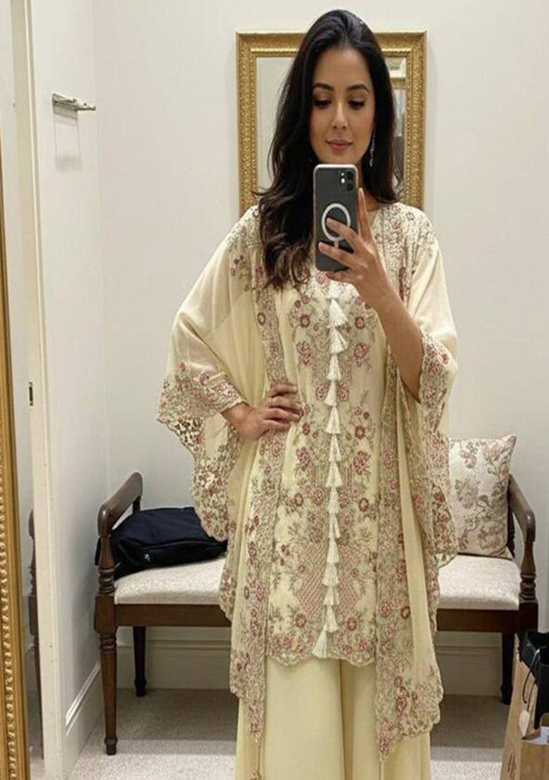 White Embroidered Georgette Co-Ord Set - Indya