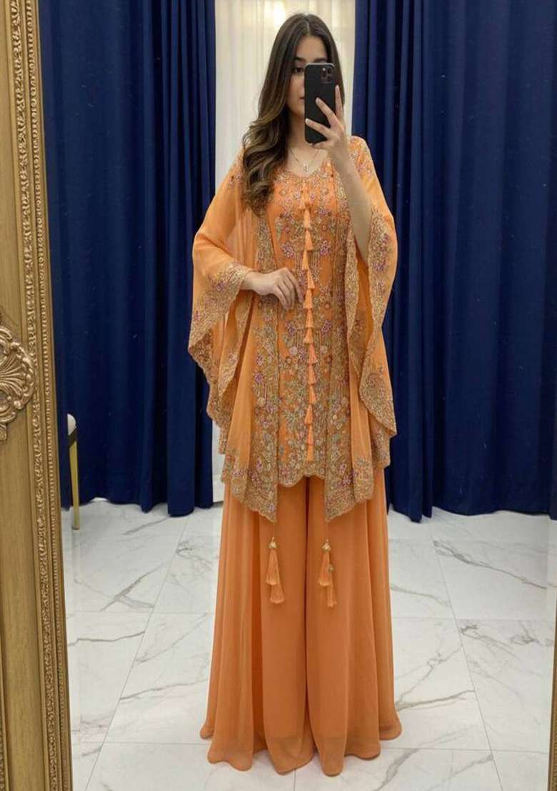 Orange Embroidered Georgette Co-Ord Set - Indya