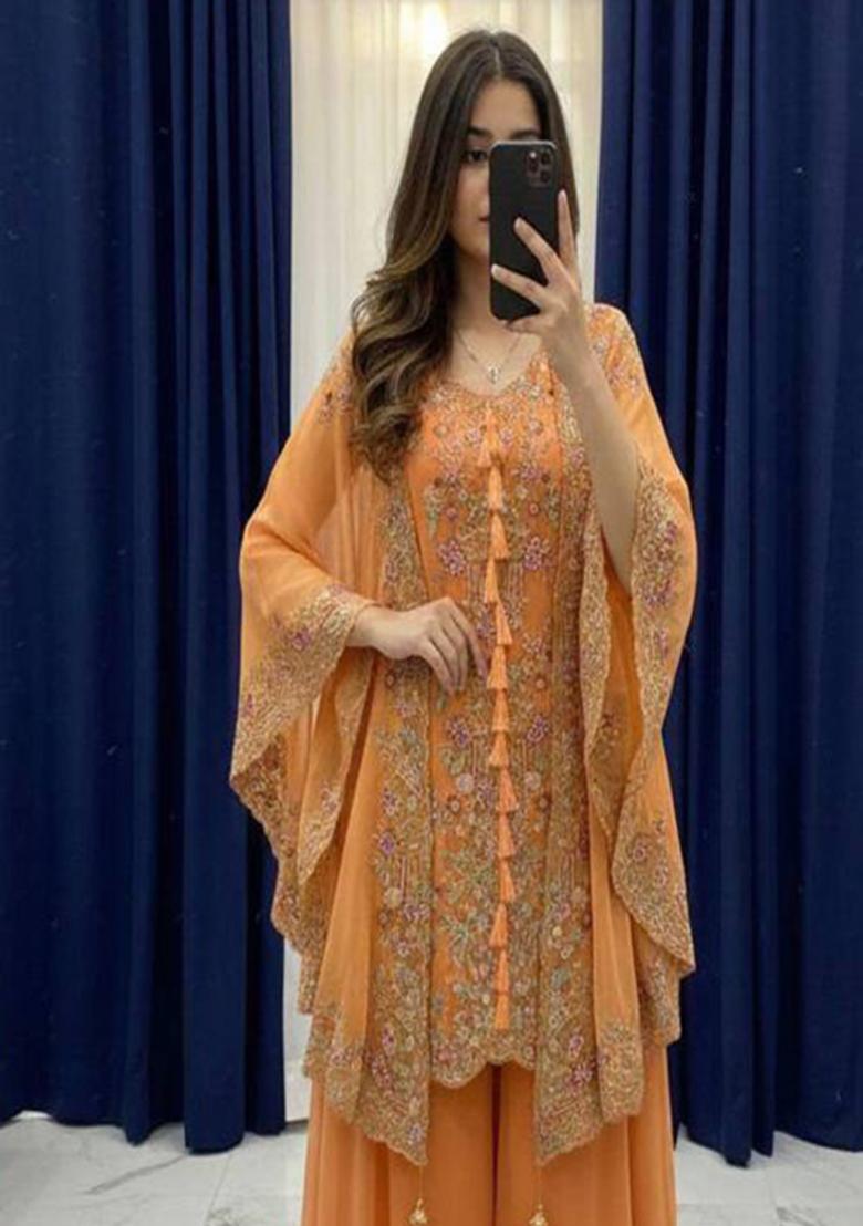 Orange Embroidered Georgette Co-Ord Set - Indya