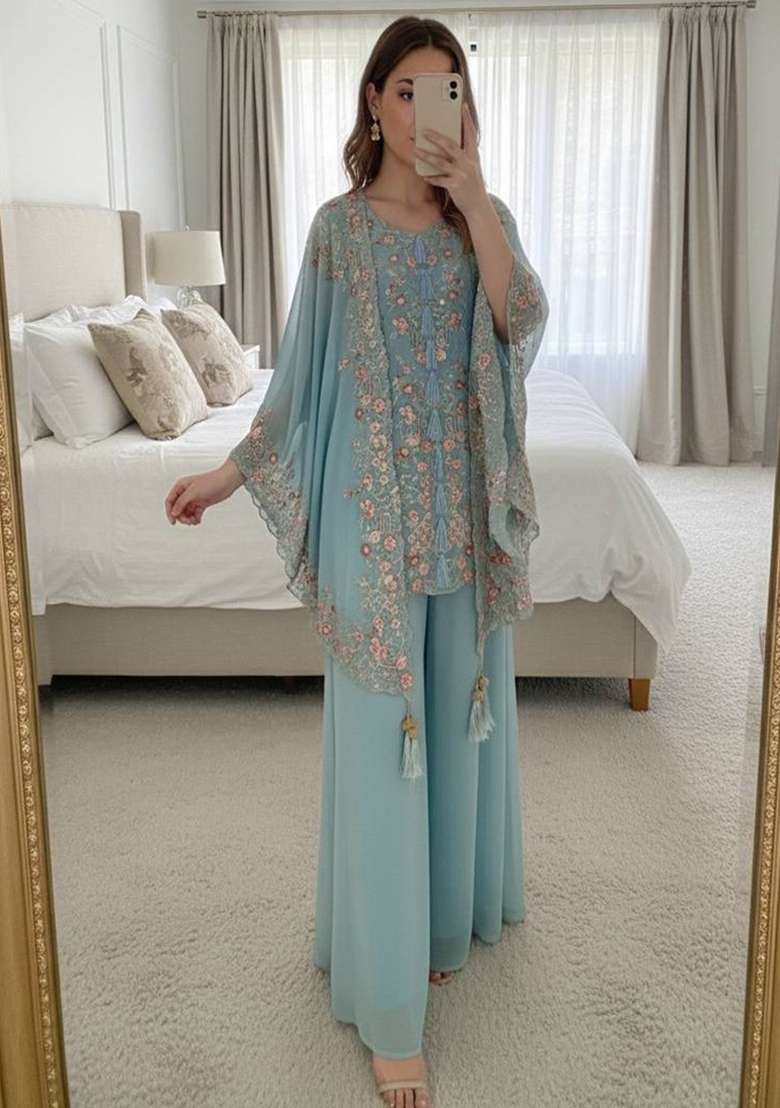 Blue Embroidered Georgette Co-Ord Set - Indya