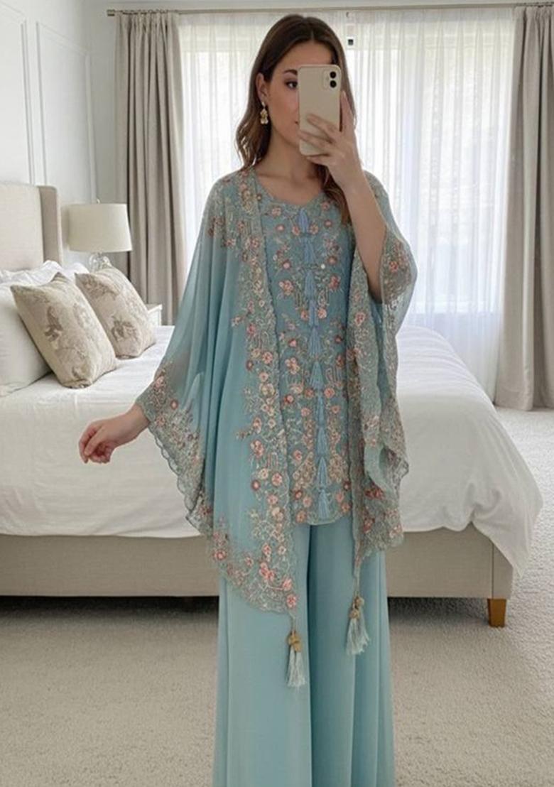 Blue Embroidered Georgette Co-Ord Set - Indya