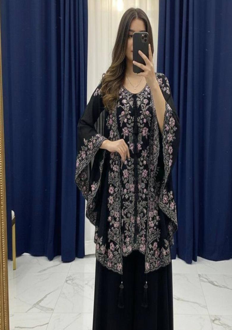 Black Embroidered Georgette Co-Ord Set - Indya