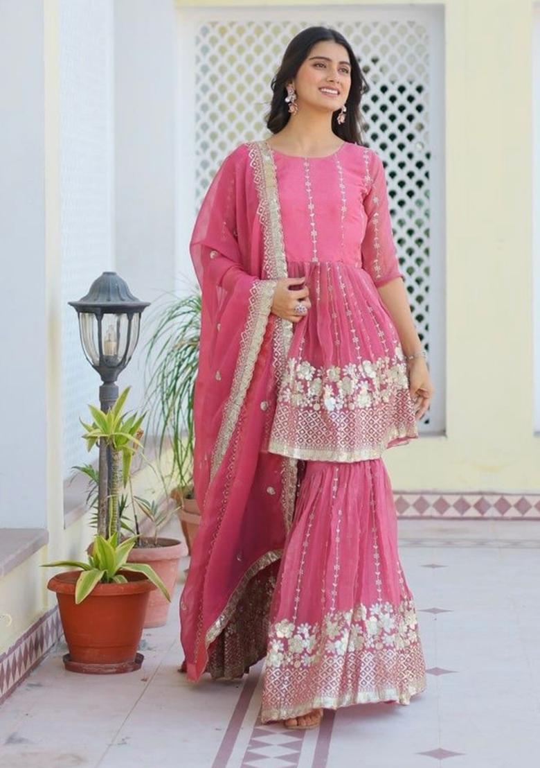 Pink Embroidered Shimmer Kurta Set - Indya