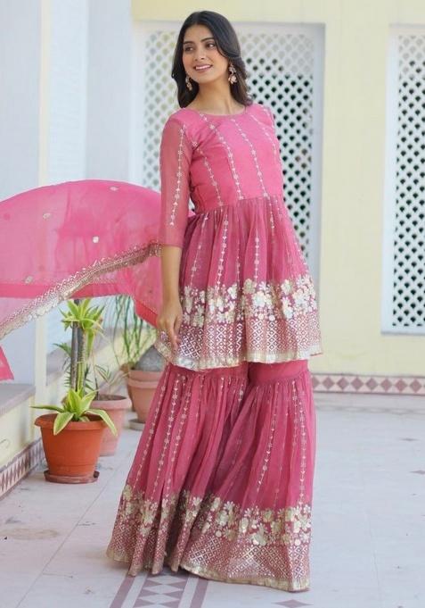 Pink Embroidered Shimmer Kurta Set