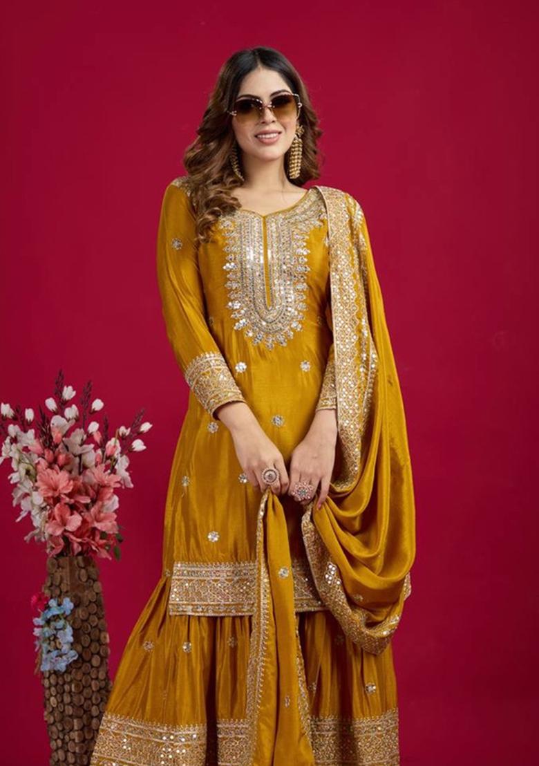 Yellow Embroidered Chinon Kurta Set - Indya
