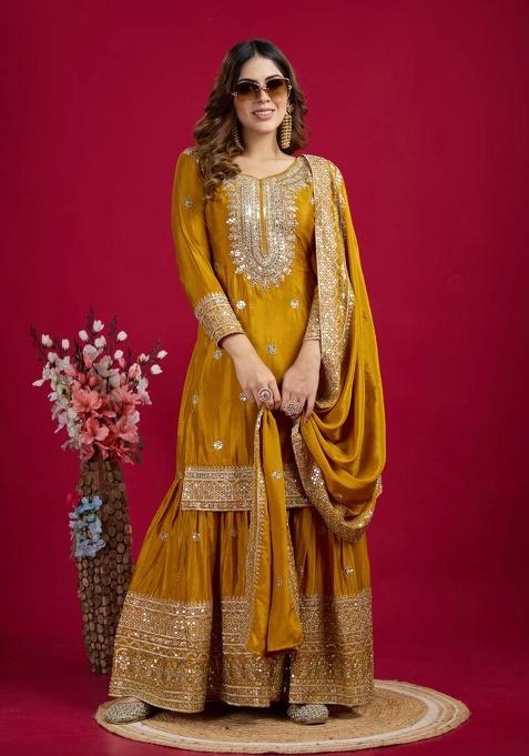Yellow Embroidered Chinon Kurta Set