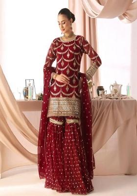 Red Embroidered Georgette Kurta Set