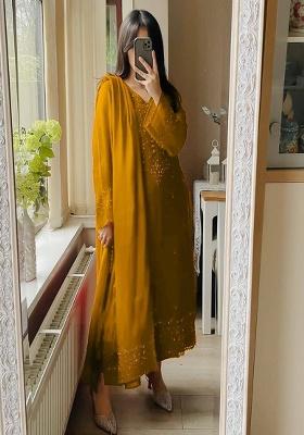 Yellow Embroidered Georgette Kurta Set