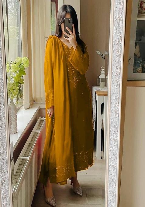 Yellow Embroidered Georgette Kurta Set