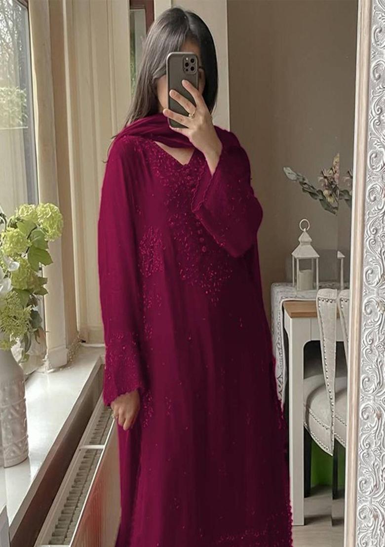 Maroon Embroidered Georgette Kurta Set - Indya