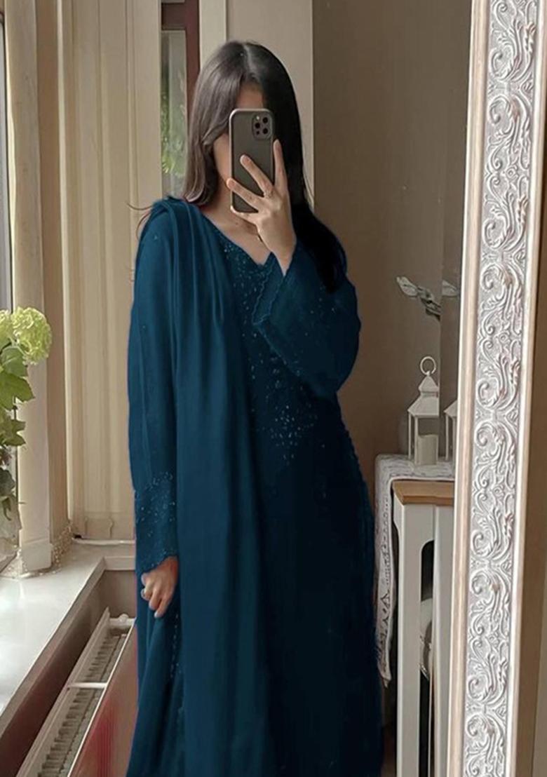 Blue Embroidered Georgette Kurta Set - Indya