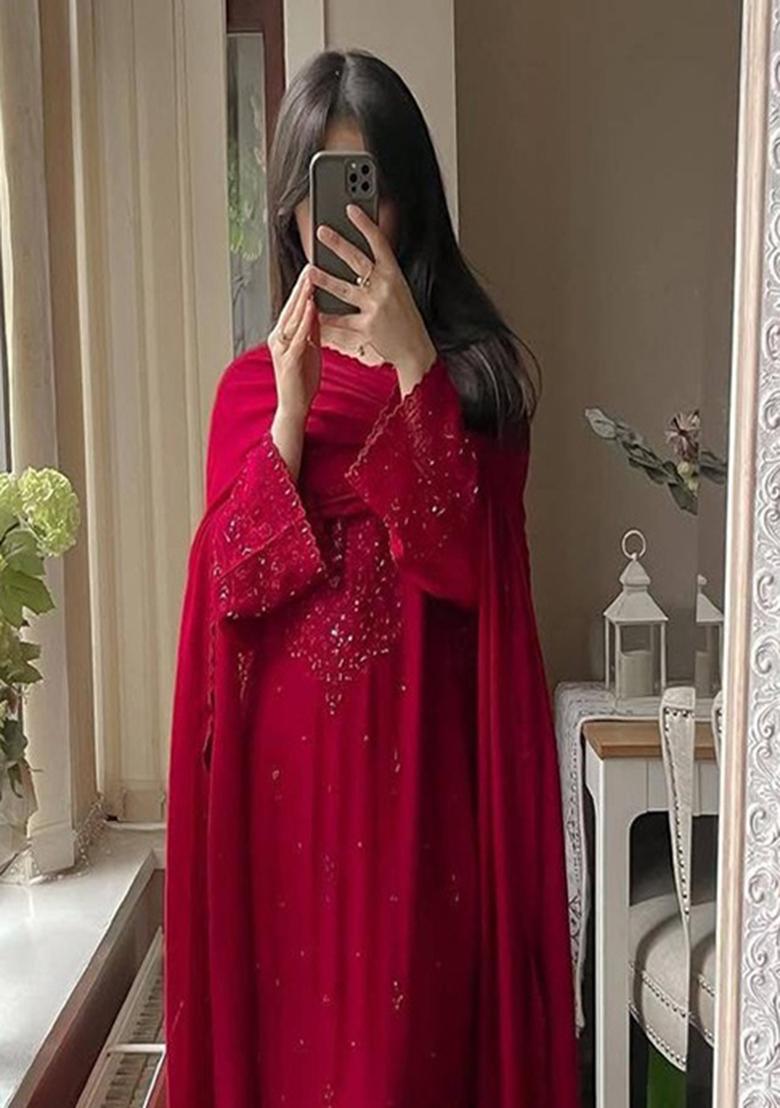 Pink Embroidered Georgette Kurta Set - Indya