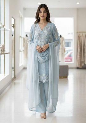 Blue Embroidered Georgette Kurta Set