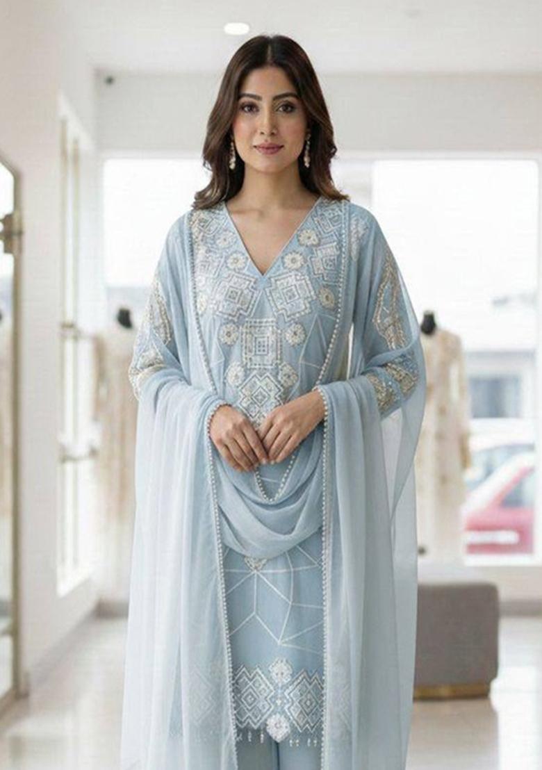 Blue Embroidered Georgette Kurta Set - Indya