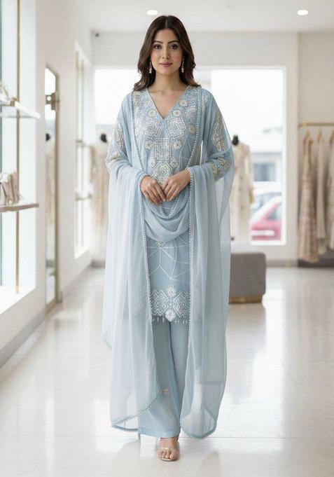 Blue Embroidered Georgette Kurta Set