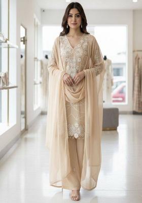 Beige Embroidered Georgette Kurta Set
