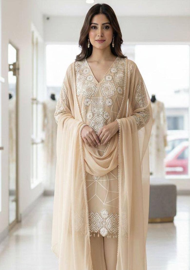 Beige Embroidered Georgette Kurta Set - Indya