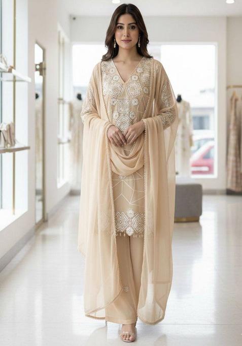Beige Embroidered Georgette Kurta Set