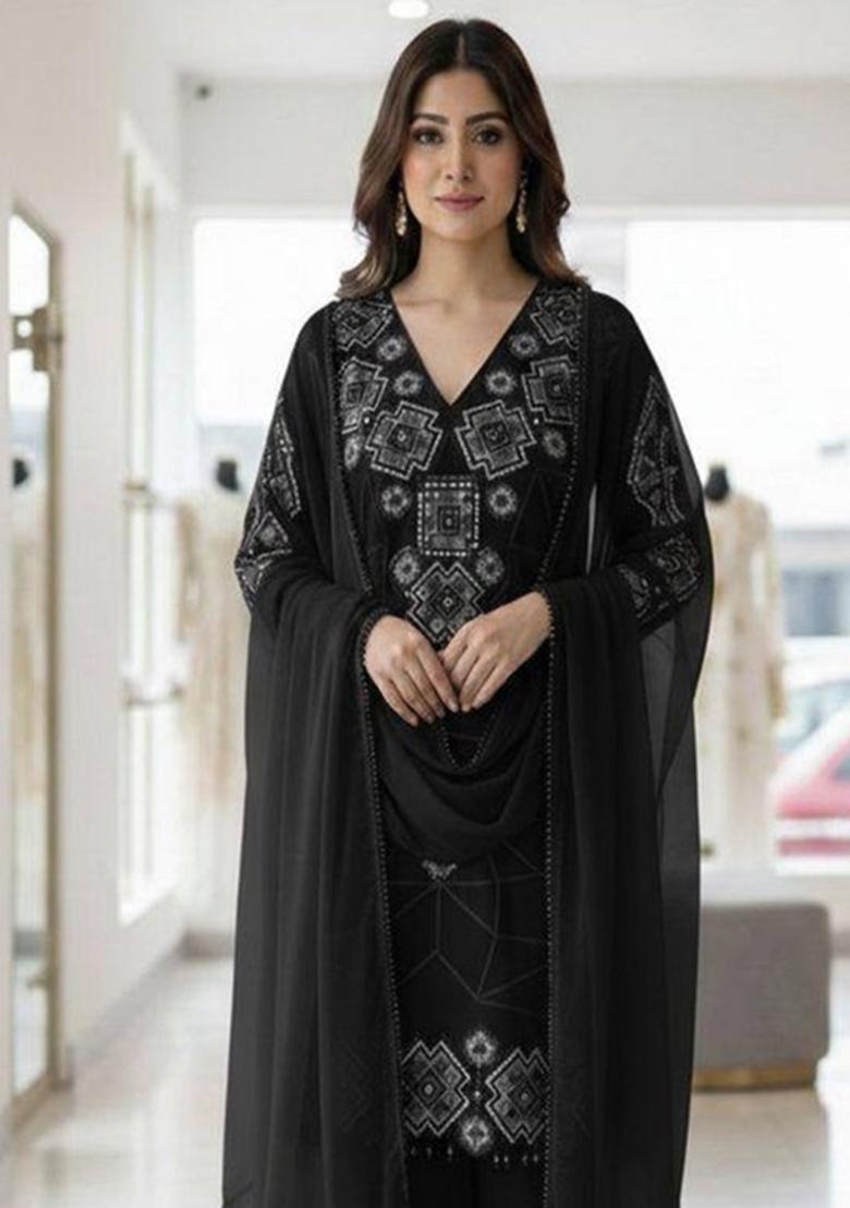 White Embroidered Georgette Kurta Set - Indya