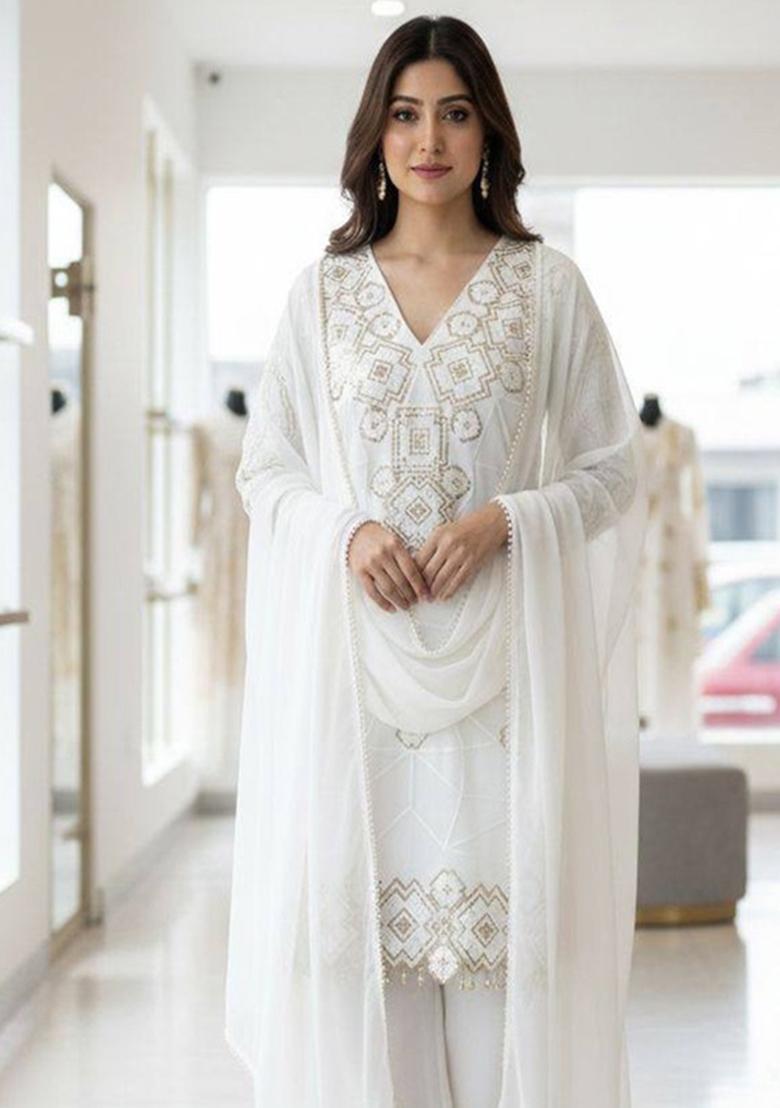 Black Embroidered Georgette Kurta Set - Indya