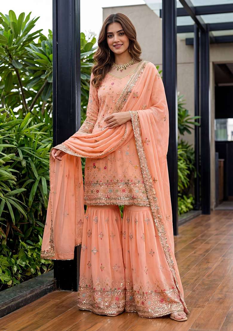 Fanta Embroidered Georgette Sharara Set - Indya