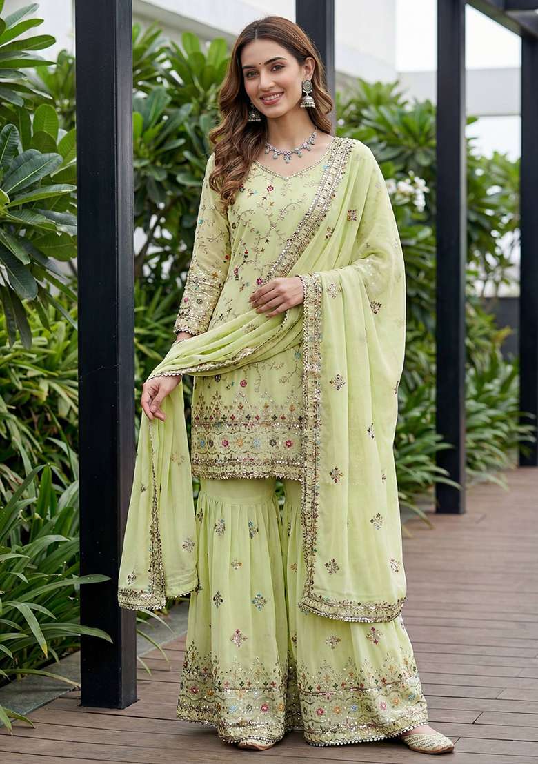Pista Embroidered Georgette Sharara Set - Indya