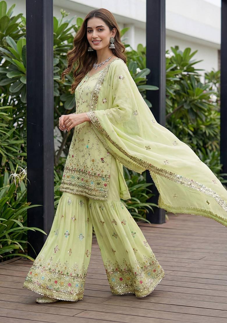 Pista Thread Work Georgette Kurta Set - Indya