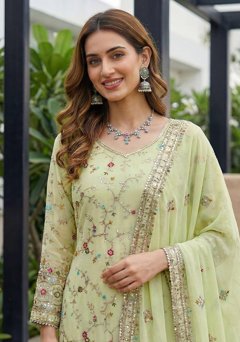 Pista Thread Work Georgette Kurta Set - Indya