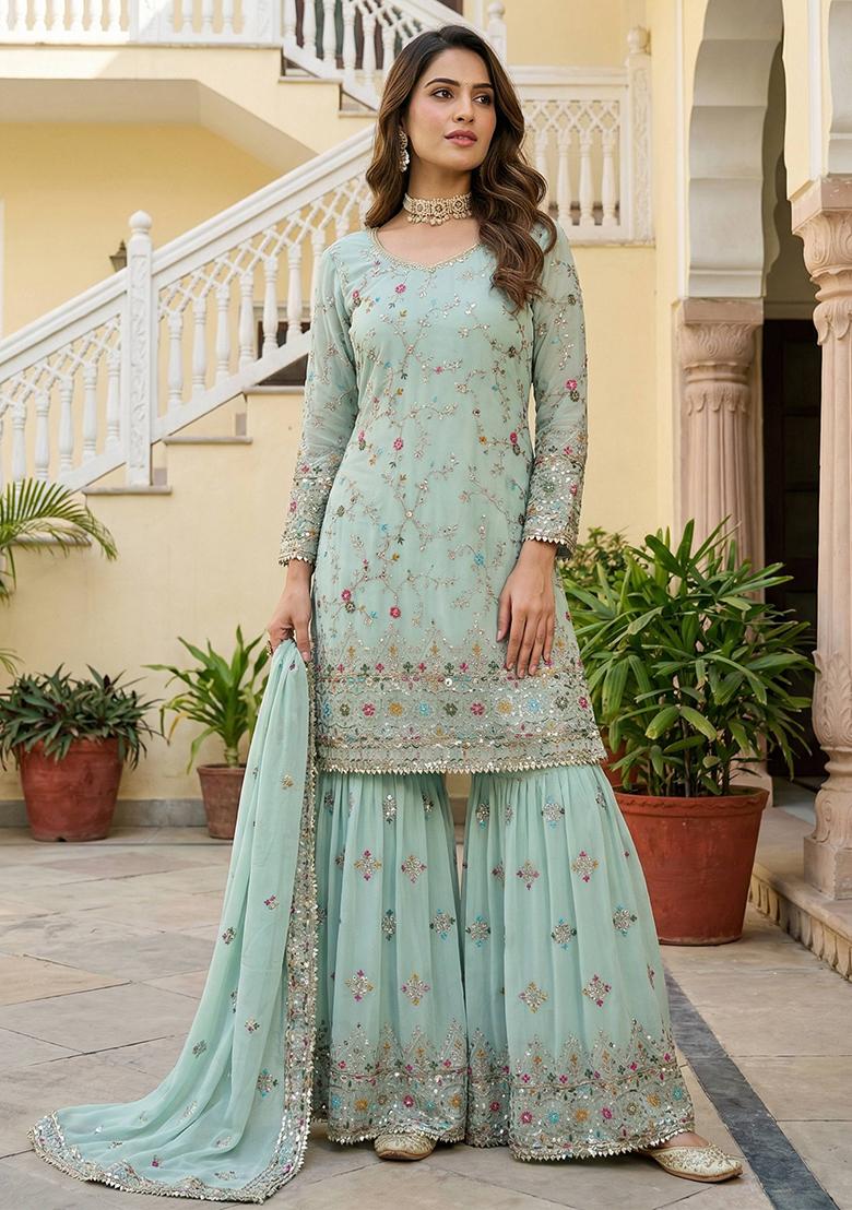 Sky Blue Thread Work Georgette Kurta Set - Indya