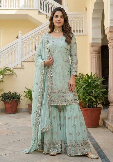 Sky Blue Thread Work Georgette Kurta Set