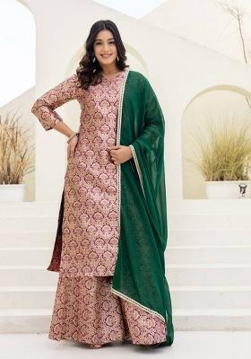 Peach Thread Work Viscose Kurta Set