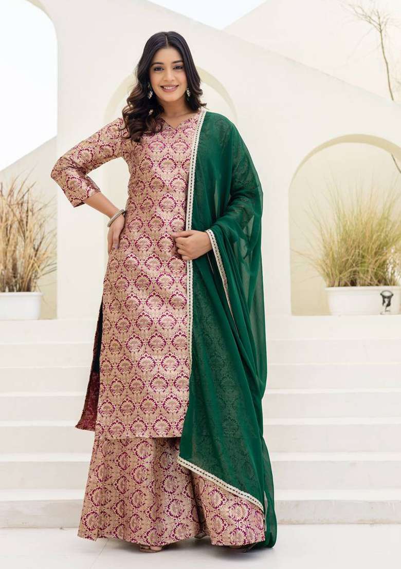 Peach Printed Viscose Sharara Set - Indya