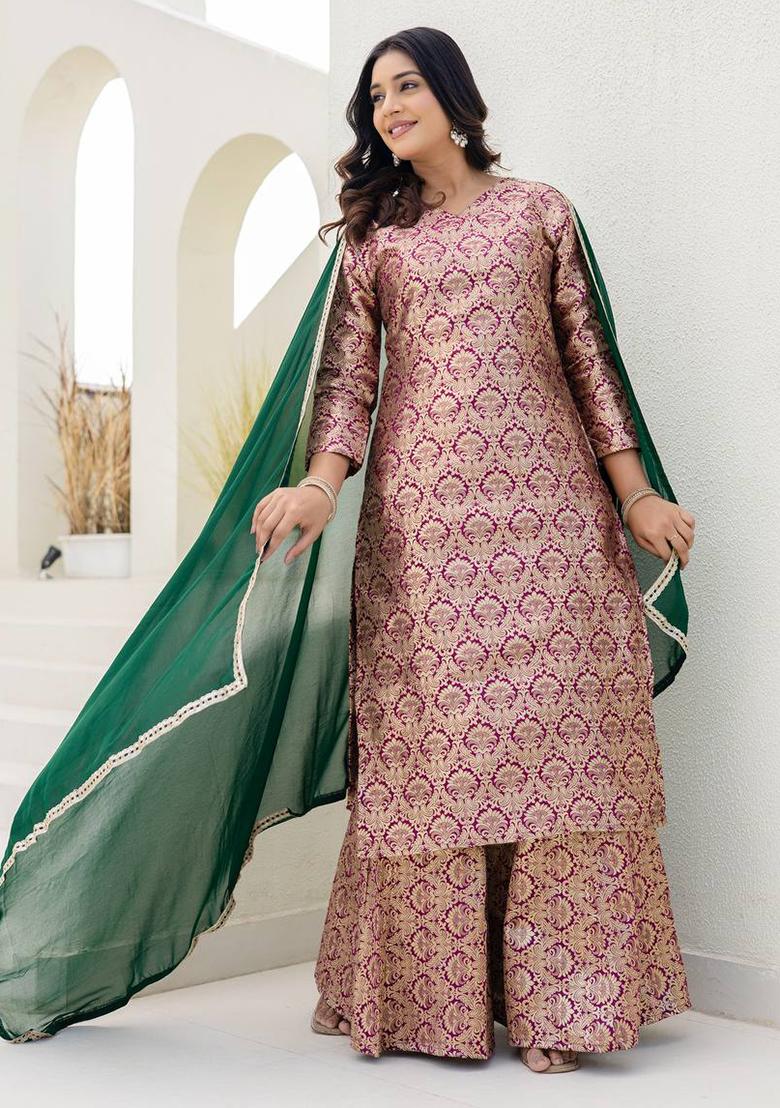 Peach Thread Work Viscose Kurta Set - Indya
