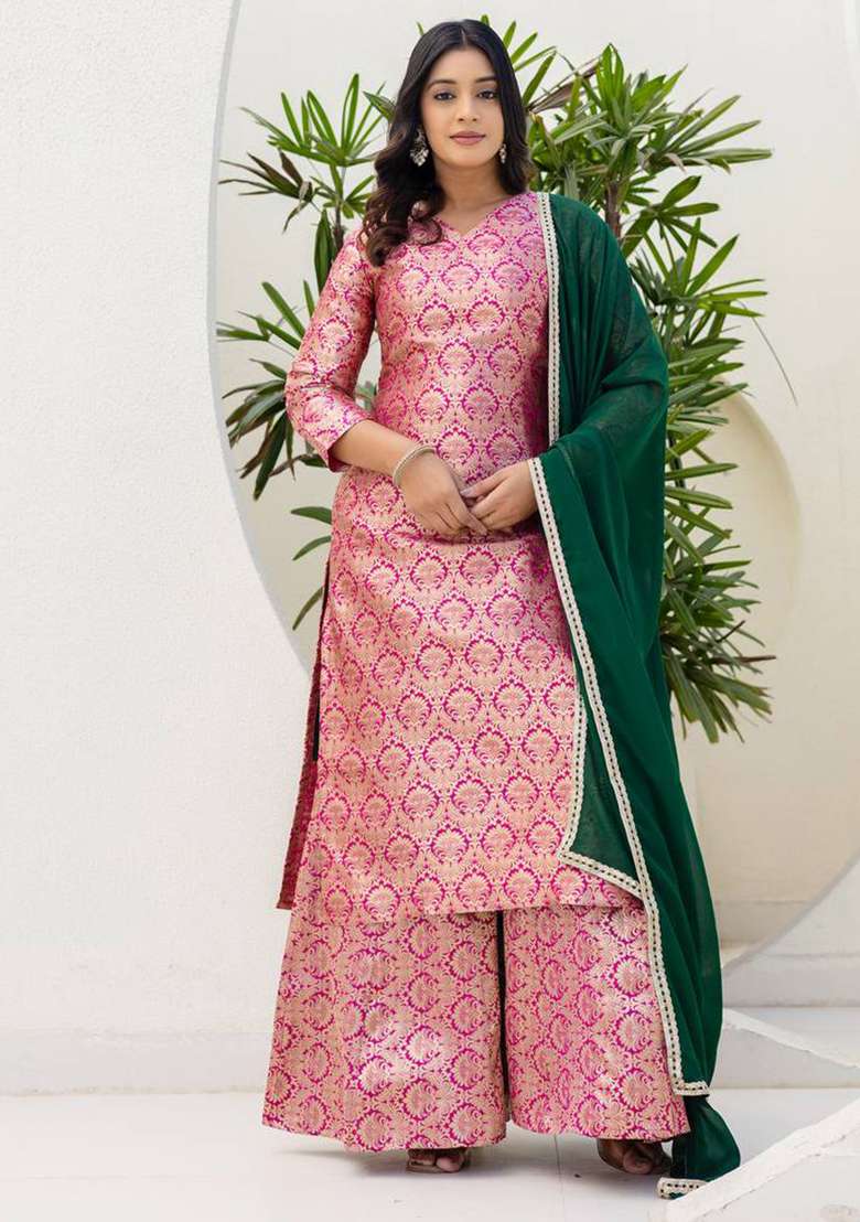 Pink Jacquard Viscose Sharara Set - Indya