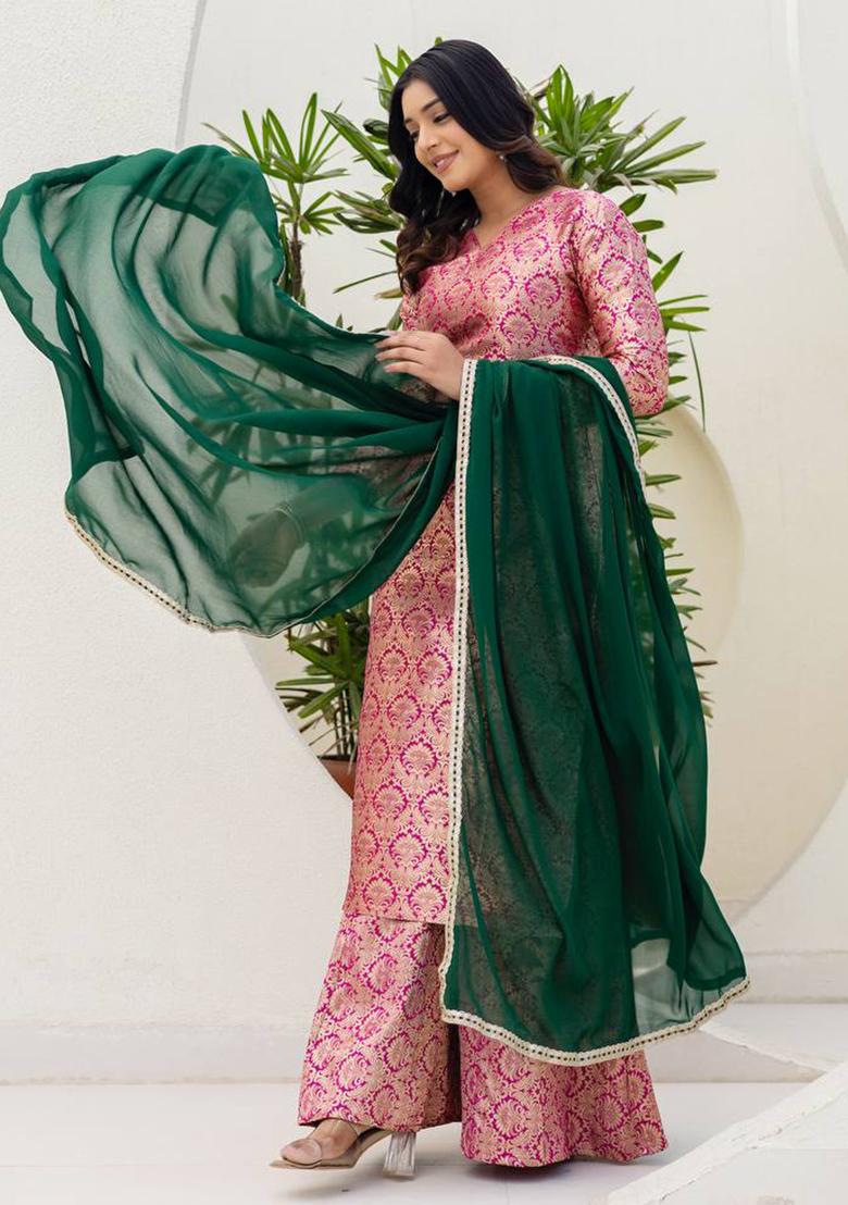 Pink Thread Work Viscose Kurta Set - Indya