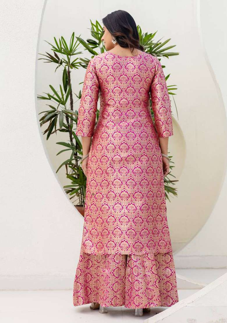 Pink Jacquard Viscose Sharara Set - Indya